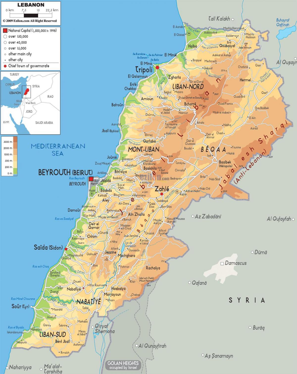 mapa fisiko Libano
