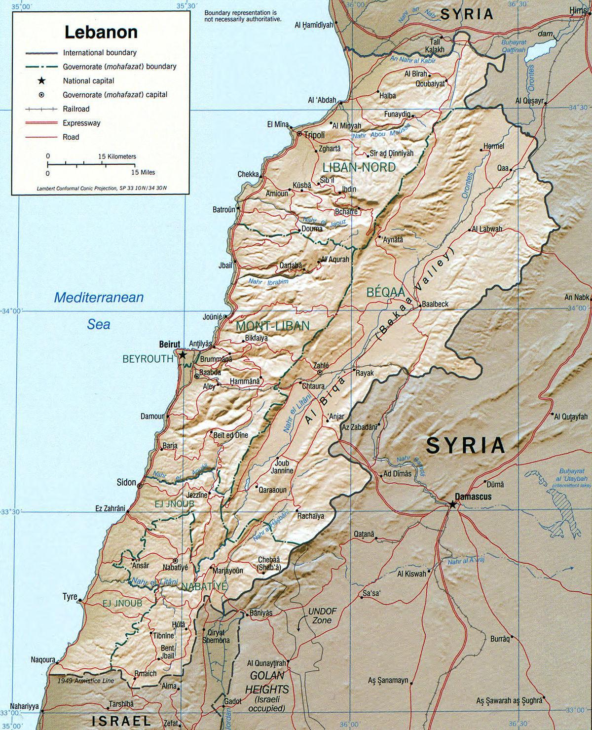 mapa Libanoko geografia